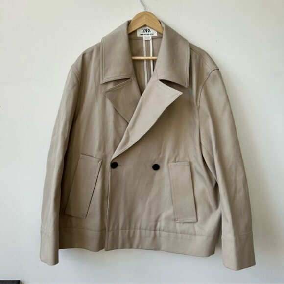 ZARA MAN EDITION SS'24 SHORT BEIGE COTTON TRENCH COAT SIZE L - Picture 4 of 9